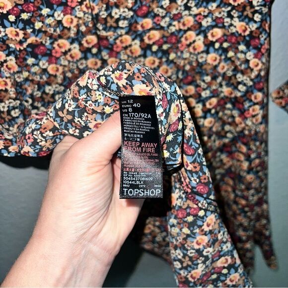 Top Shop Womens Floral V-Neck Long Sleeve Ruffle Mini A-Line Dress Black Size 8 - Picture 11 of 11